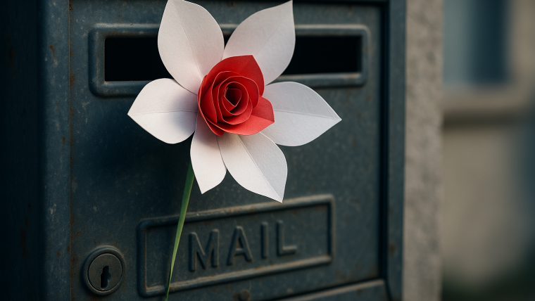 Fiore di carta lasciato nella posta, simbolo di un ex bugiardo.